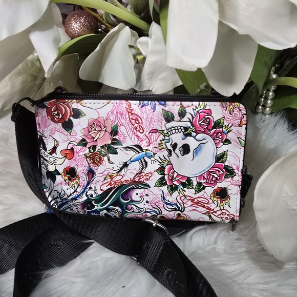 Ed Hardy  Skulls Embossed Wallet Wristlet Clutch Crossbody Bag NWT